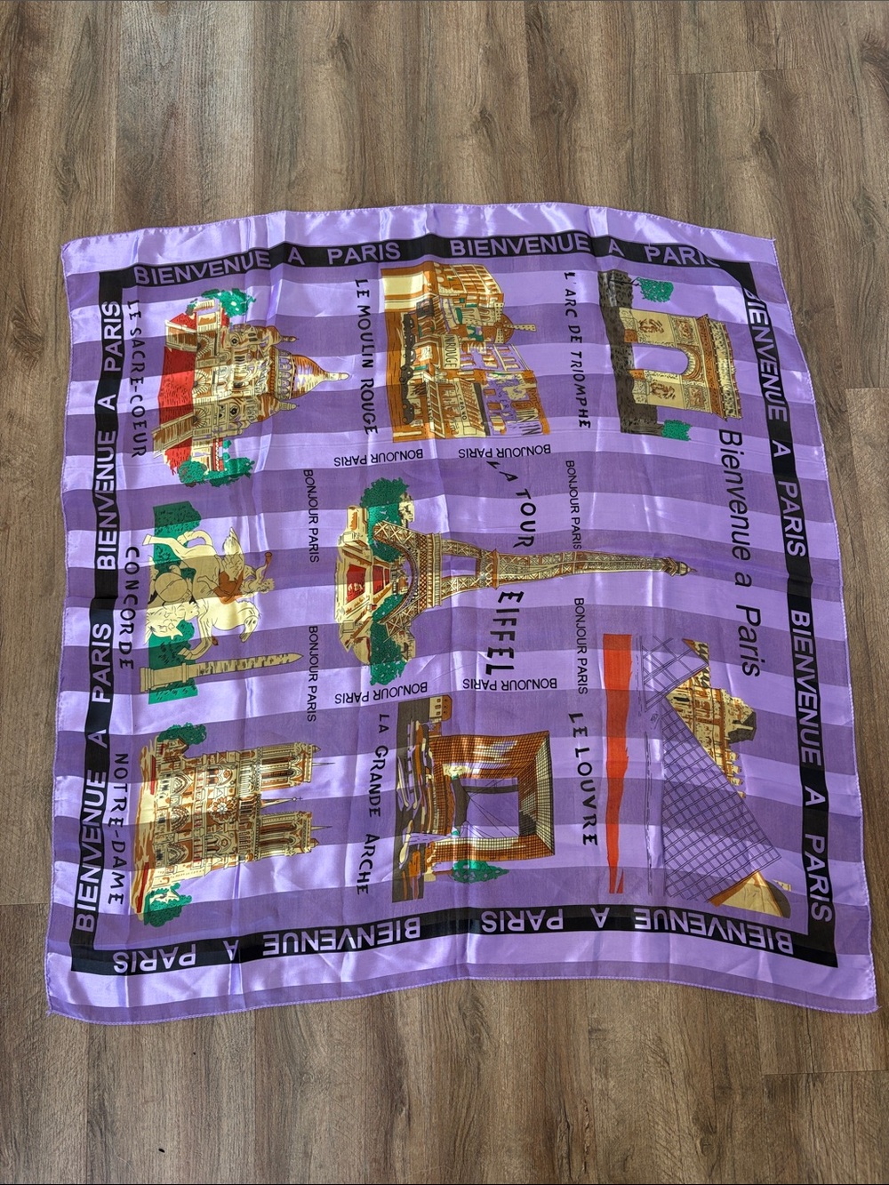 Vintage Paris Landmark Silk Scarf in Lavender and Gold